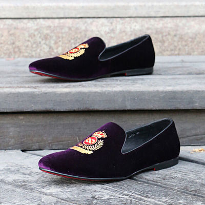 다양한 기회 남자 갈색 가죽 롤퍼 신발, 왕관 embroidered velvet slipper